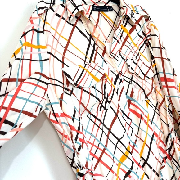 New York & Co. cream monogram button up V-neck long sleeve chiffon shirtdress XL - Picture 3 of 16